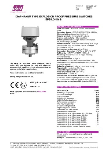 Diaphragm Type Explosion Proof Pressure Switch EPSILON MS1