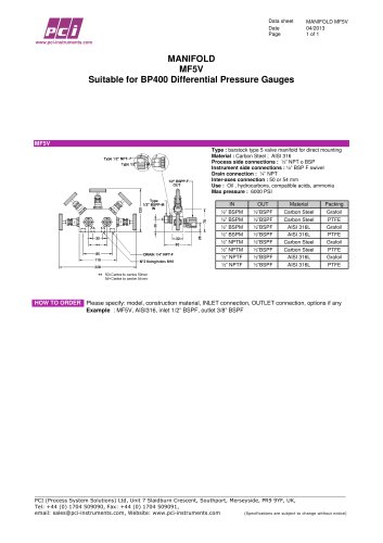 Manifold 5 valve to suit BP400 MF5V