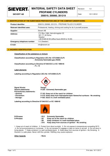 MATERIAL SAFETY DATA SHEET PROPANE CYLINDERS 200019, 200060, 20121 9