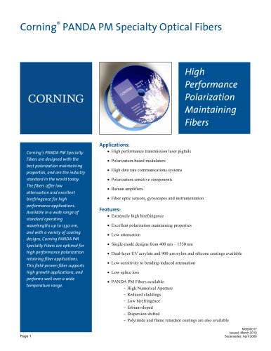 Corning PANDA PM and RC PANDA Specialty Fiber Product Information Sheet 