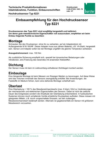 Bedienungsanleitung Hochdrucksensor Typ 8221