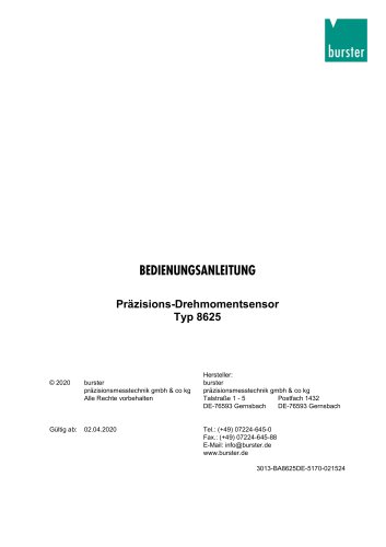 BEDIENUNGSANLEITUNG Präzisions-Drehmomentsensor Typ 8625