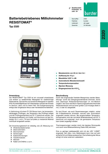 Datenblatt -Batteriebetriebenes Milliohmmeter RESISTOMAT Typ 2320