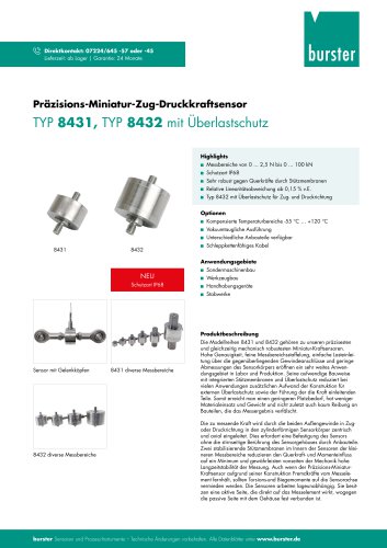 Datenblatt Pr&auml;zisions-Miniatur-Zug-Druckkraftsensoren Typ 8431,8432