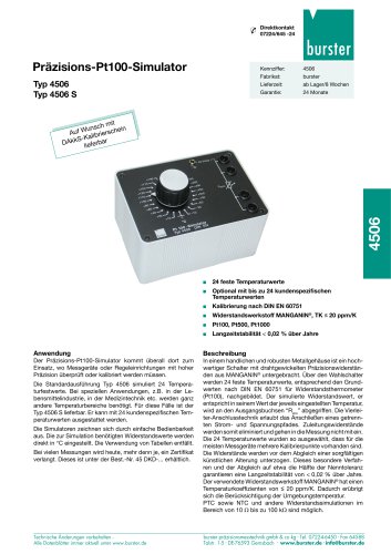 Datenblatt - Pr&auml;zisions-Pt100-Simulator Typ 4506 und Typ 4506 S