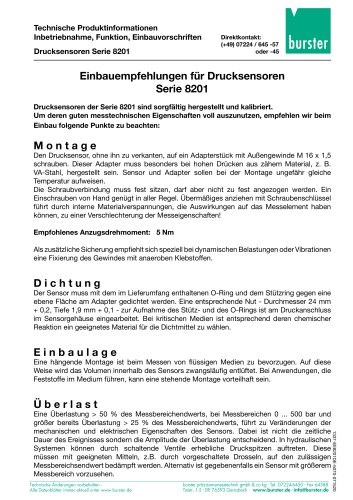 Einbauempfehlungen für Drucksensoren Serie 8201