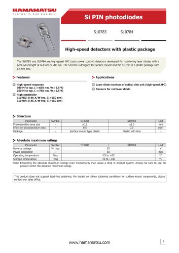 Si PIN photodiodes S10783, S10784