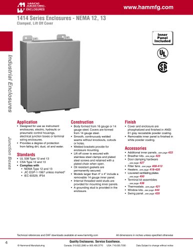 1414 Series Enclosures - NEMA 12, 13 Clamped, Lift Off Cover