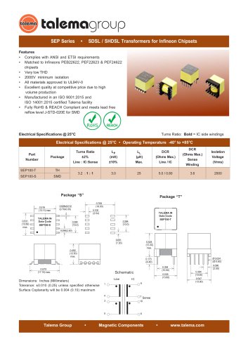 SEP Series • SDSL / SHDSL Transformers for Infineon Chipsets