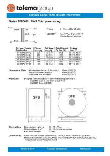 Series SFB0075 : 75VA Total power rating