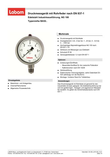 Druckmessgerät mit Rohrfeder nach EN 837-1