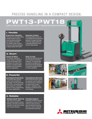 PWT13-PWT18 2600-3500 lb capacity Heavy-Duty Walkie straddle Stacker