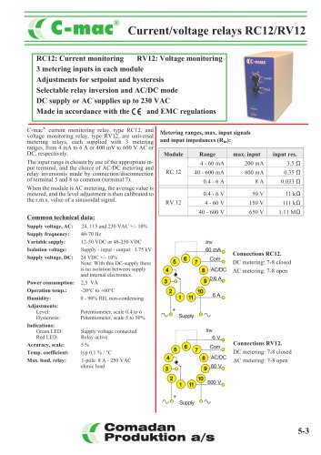 RC12/RV12, current and voltage relays