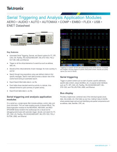 Serial Triggering and Analysis Application Modules AERO • AUDIO • AUTO • AUTOMAX • COMP • EMBD • FLEX • USB • ENET Datasheet