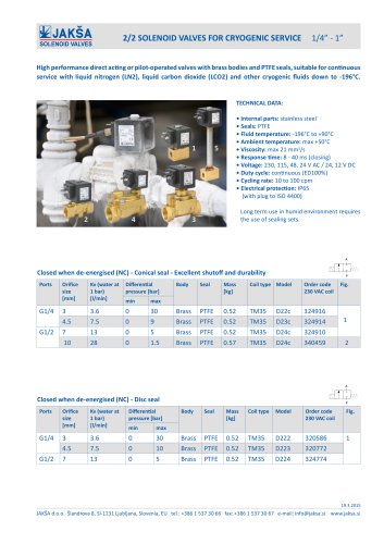 2/2 SOLENOID VALVES FOR CRYOGENIC SERVICE