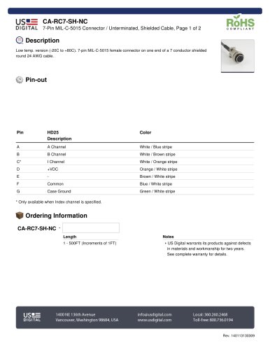 CA-RC7-SH-NC 7-Pin MIL-C-5015 Connector / Unterminated, Shielded Cable