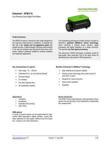 SFM3119  Low Pressure Drop Digital Flow Meter