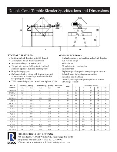 Double Cone Tumble Blender Specifi cations and Dimensions