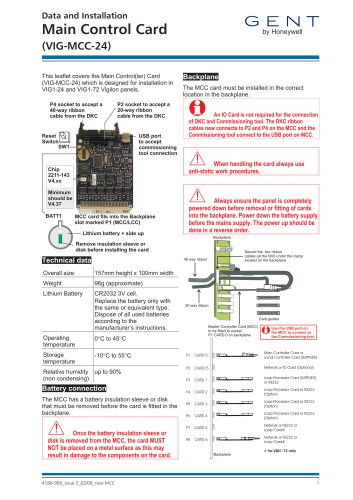 Data and Installation Main Control Card