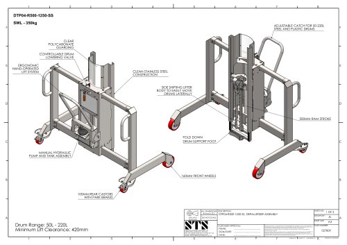 Drum Lifter DTP04-R500-1250-SS - Technical Drawings (Hybrid drum lifter DTP04-R500-1250-SS)