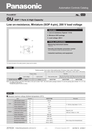 GU SOP 1 Form A High Capacity (AQY217GS) Low on-resistance