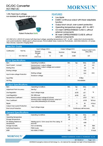 1.2W, Fixed input voltage, non-isolated & regulate single output DC/DC converter