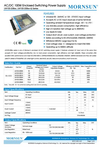 MORNSUN 100W AC/DC Enclosed Switching Power Supply LM100-20Bxx