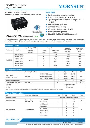 MORNSUN 1W isolated DC-DC converter  B_XT-1WR3/Fixed input voltage/single output