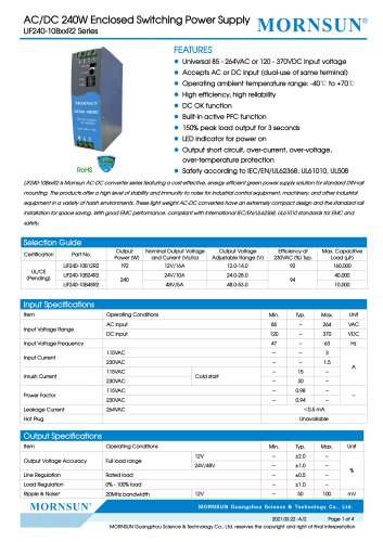 MORNSUN 240W  AC/DC DIN Rail Power Supply LIF240-10BxxR2