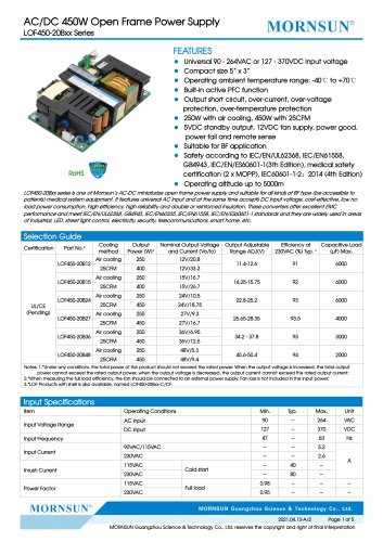 MORNSUN 450W AC/DC Enclosed Switching Power Supply LOF450-20Bxx