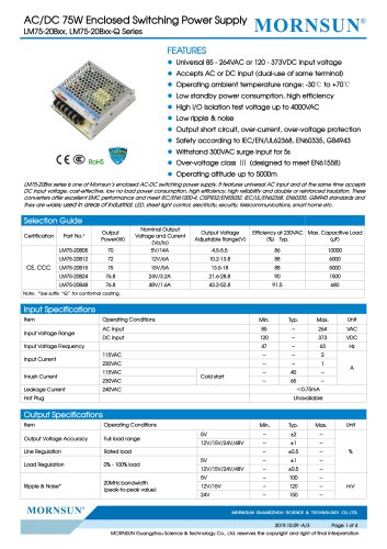 MORNSUN 75W AC/DC Enclosed Switching Power Supply LM75-20Bxx