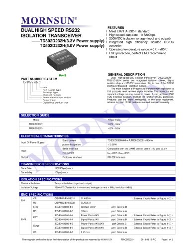 TDx01D232H / SINGLE HIGH SPEED / ISOLATION TRANSCEIVER / DC-DC  converter / 0~115.2Kbps