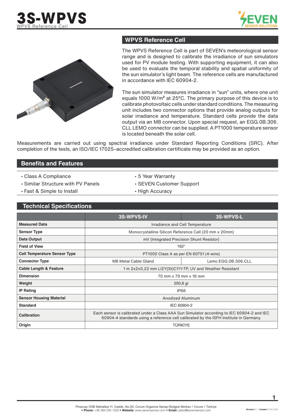 WPVS Reference Cell (3S-WPVS) - SEVEN Sensor Solutions
