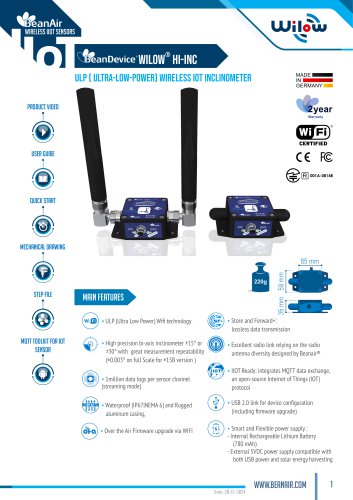 BeanDevice&reg; Wilow&reg; HI-INC - Wifi Inclinometer for Industrial Internet of Things - Datasheet