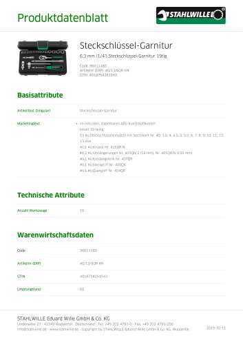 Datenblatt 1/4" Steckschlüssel-Garnitur Nr.40/13/6QR