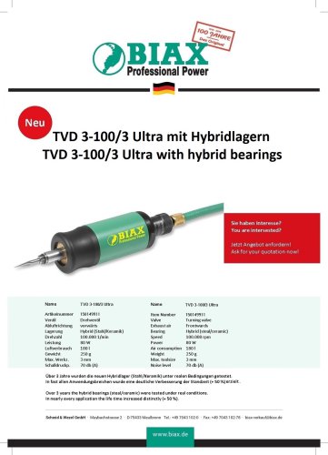 TVD 3-100-3 Ultra - ölfreier Turbinenschleifer mit Hybridlage