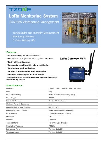 TZONE WIFI GATEWAY / COMMUNICATION / LAN / FOR SENSORS LORA GATEWAY_WIFI