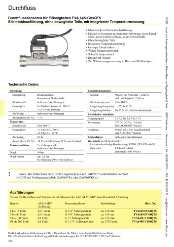 Durchflusssensoren f&uuml;r Fl&uuml;ssigkeiten in Edelstahlausf&uuml;hrung FVA 645-GVxQT5 