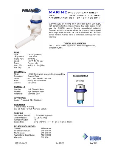 Piranha™ 1100 Angled Port Aerator Pump (12 VDC) 1100 GPH