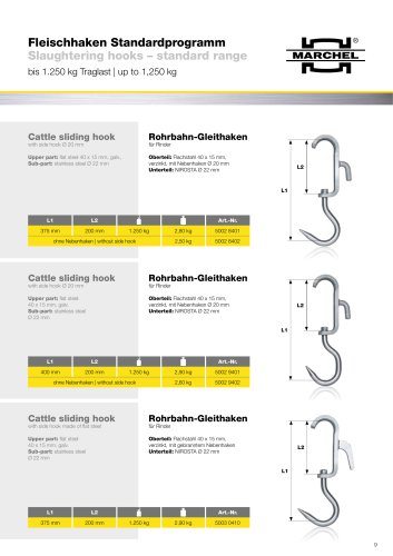 Slaughtering hooks – standard range bis 1.250 kg Traglast | up to 1,250 kg