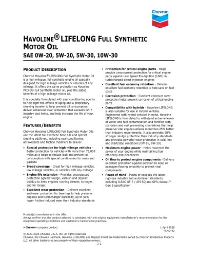 HAVOLINE&reg; LIFELONG FULL SYNTHETIC MOTOR OIL SAE 0W-20, 5W-20, 5W-30, 10W-30