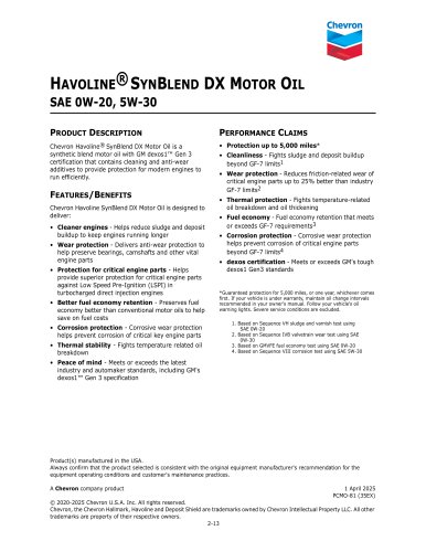 HAVOLINE&reg; SYNBLEND DX MOTOR OIL SAE 0W-20, 5W-30