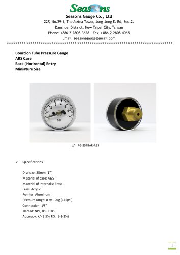 Seasons Gauge 25mm (1") ABS Pressure Gauge Back Entry