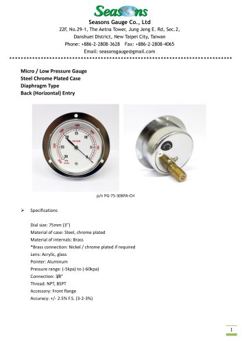 Seasons Gauge 75mm (3") Diaphragm Low Pressure Gauge Back Entry with Flange