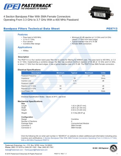 4 Section Bandpass Filter With SMA Female Connectors  Operating From 3.3 GHz to 3.7 GHz With a 400 MHz Passband