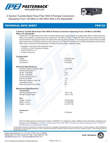 5 Section Tunable Band Pass Filter With N Female Connectors  Operating From 125 MHz to 250 MHz With a 5% Bandwidth