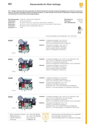 Steuerventile für Klein-Aufzüge KV