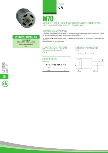 M70 - DIRECT CURRENT MOTOR 2700 RPM 12VDC / 10000 RPM 24VDC