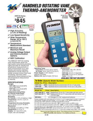 Handheld Rotating Vane Anemometer and Thermometer  HHF143 Series