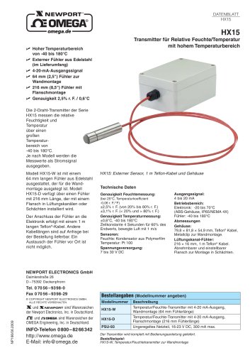 Transmitter für Relative Feuchte/Temperatur mit hohem Temperaturbereich  Modell HX15